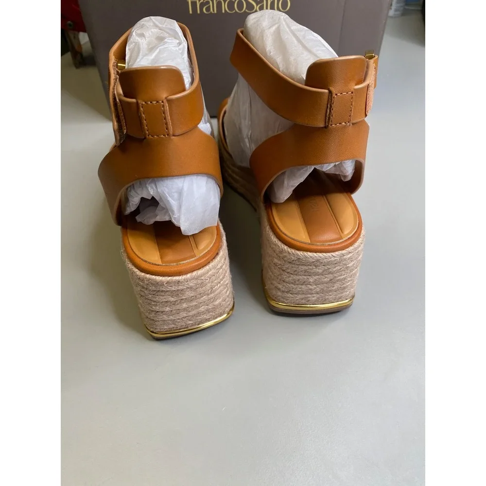 Franco Sarto Tiffany Tan Leather Espadrille Platform Wedge Sandals J4069L1200 7M